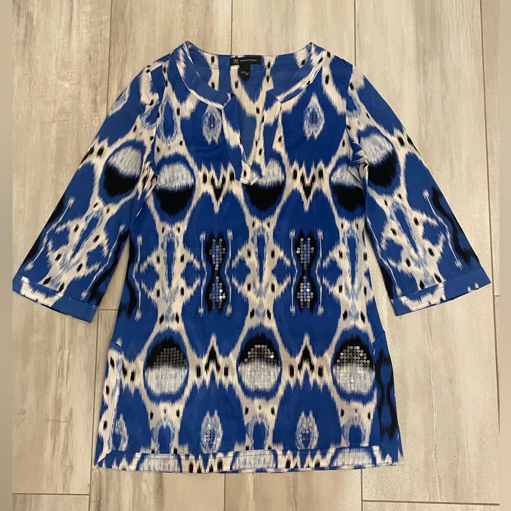 INC International Concepts Blue and Black Ikat Tunic with Sequins, women’s 4